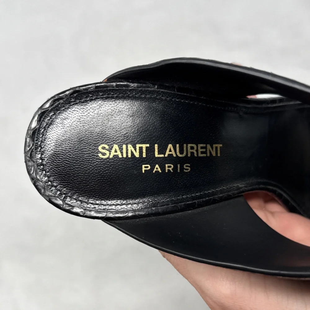 Saint Laurent Oak Snakeskin Leather Square Toe Block Heel Mule Sandal Black 38.5 - Picture 12 of 16